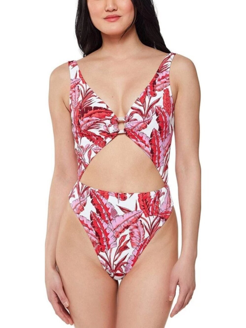 Jessica Simpson Womens Red Palm O-Ring Cut-Out One-Piece Swimsuit Size S NWT